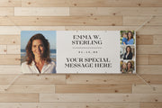 Custom matte photo banner with large portrait, three smaller photos, and space for name and special message, 96x36 inches.