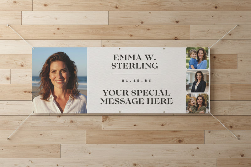 Custom matte photo banner with large portrait, three smaller photos, and space for name and special message, 96x36 inches.