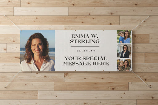 Custom matte photo banner with large portrait, three smaller photos, and space for name and special message, 96x36 inches.