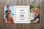 Custom vinyl photo banner with two family photos and center panel for name, age, and date, 72x36 and 48x24 inches on wood fence.
