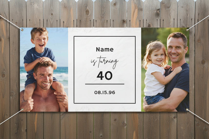 Custom vinyl photo banner with two family photos and center panel for name, age, and date, 72x36 and 48x24 inches on wood fence.
