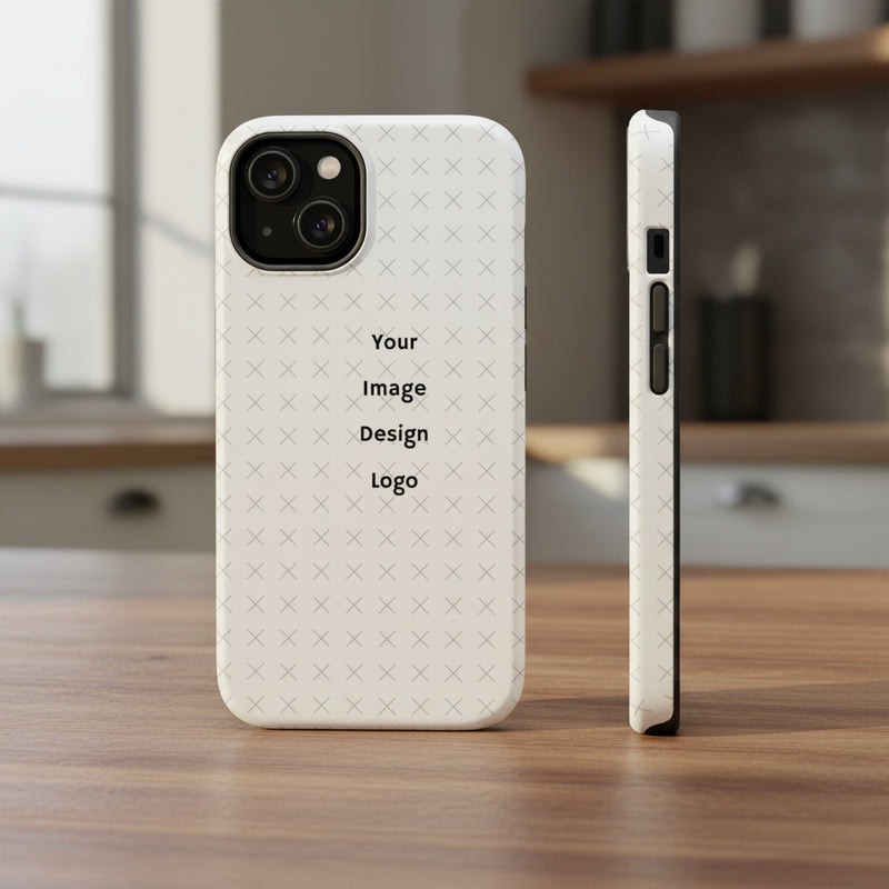 Phone case with a "your image or design" placeholder on a kitchen table. 