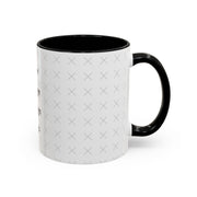 Side view of customizable white mug with black interior and "your image or design" placeholder on a white background.