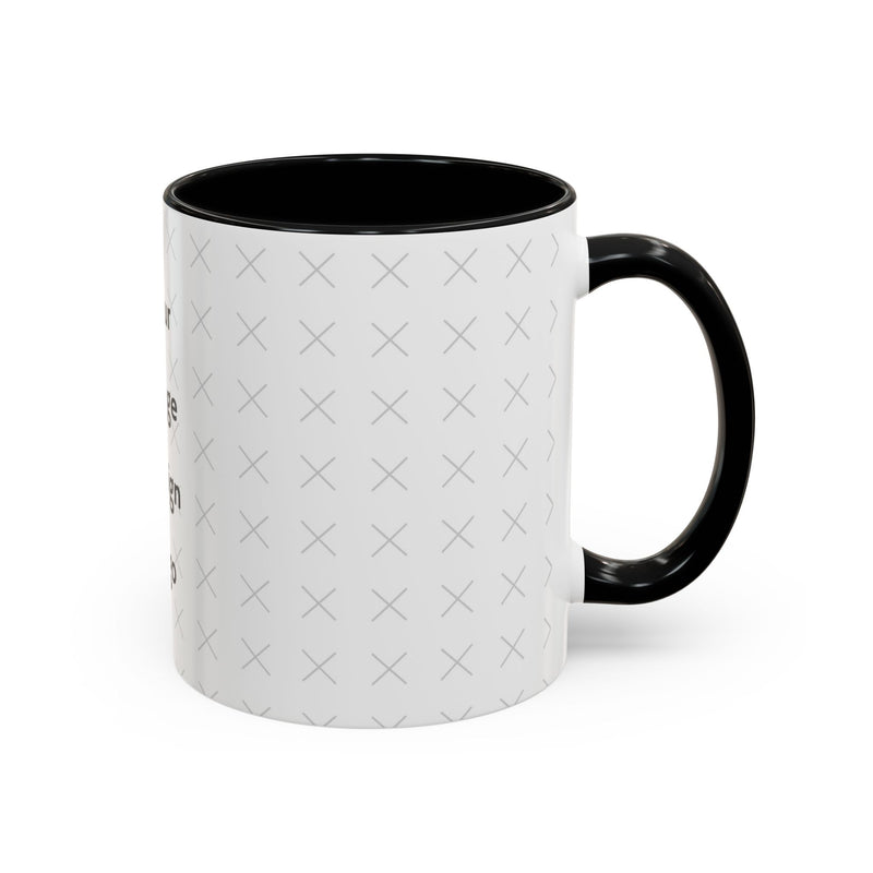 Side view of customizable white mug with black interior and "your image or design" placeholder on a white background.