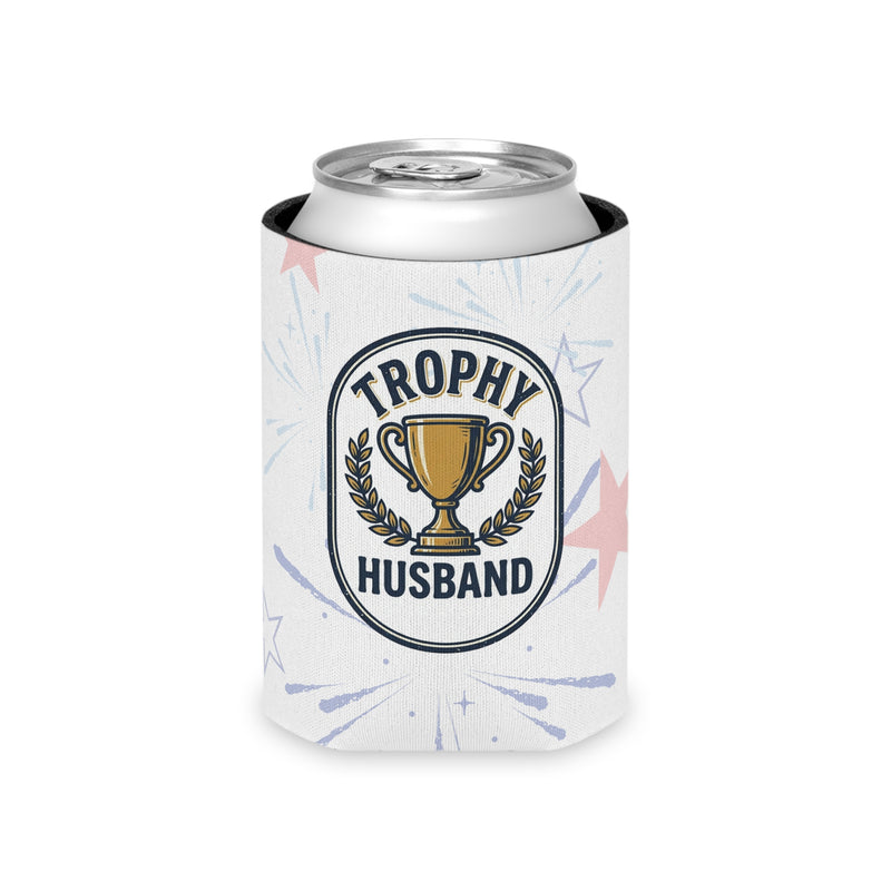 Can cooler with a can inside that has a 'Trophy Husband' design on a faded red white and blue firework display on a white background.