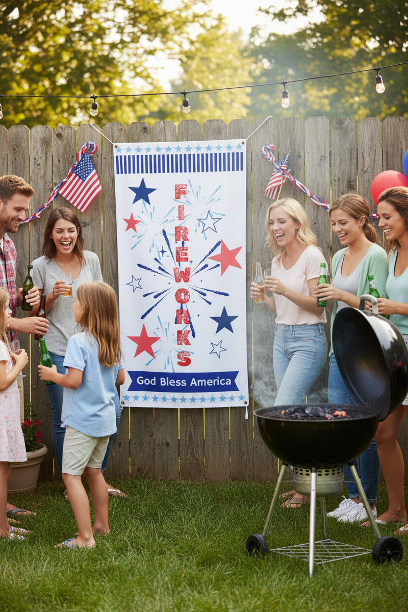 Patriotic vinyl banner with red white and blue stars, fireworks and the word fireworks 24x48 and 36x72 inches on fence at patriotic party.