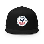 All black flat bill trucker cap with a logo 'celebrating America 250 years' on a white background.