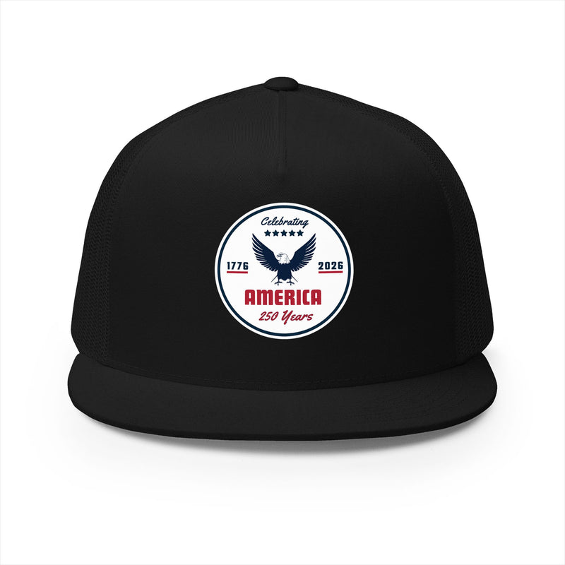 All black flat bill trucker cap with a logo 'celebrating America 250 years' on a white background.