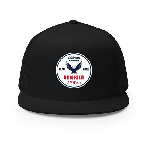 All black flat bill trucker cap with a logo 'celebrating America 250 years' on a white background.