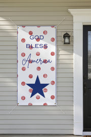 Patriotic “God Bless America” matte banner with red polka dot background, 72x36 and 48x24 inches on front of house.  