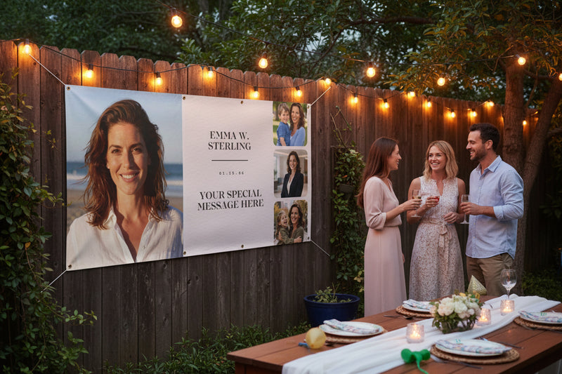 Custom vinyl photo banner with large portrait, three smaller photos, and space for name and special message hanging above a party table on wood fence, 72x36 and 48x24 inches.
