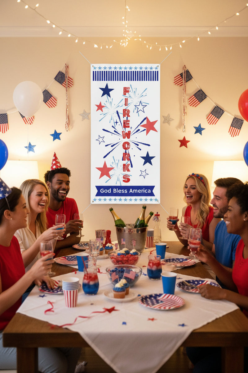 Patriotic vertical matte banner with red white and blue stars, fireworks and the word fireworks 24x48 and 36x72 inches displayed indoors above a table with people. 