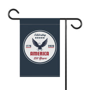 Decorative garden flag with an eagle design and text celebrating America's 250th anniversary on a white background.