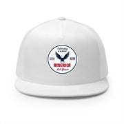 all white flat bill trucker cap with a logo 'celebrating America 250 years' on a white background.