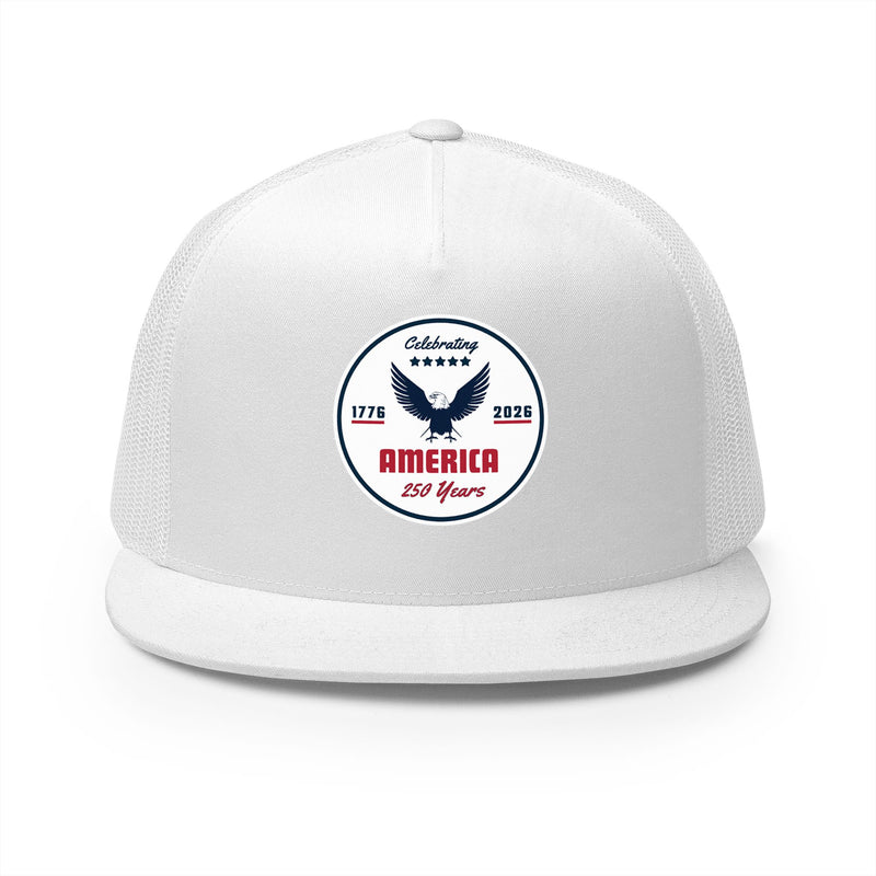all white flat bill trucker cap with a logo 'celebrating America 250 years' on a white background.