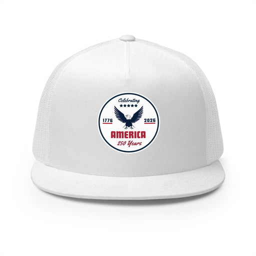 all white flat bill trucker cap with a logo 'celebrating America 250 years' on a white background.