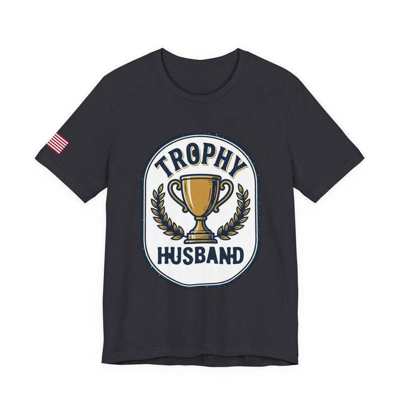 Black t-shirt with 'Trophy Husband' graphic design on a white background