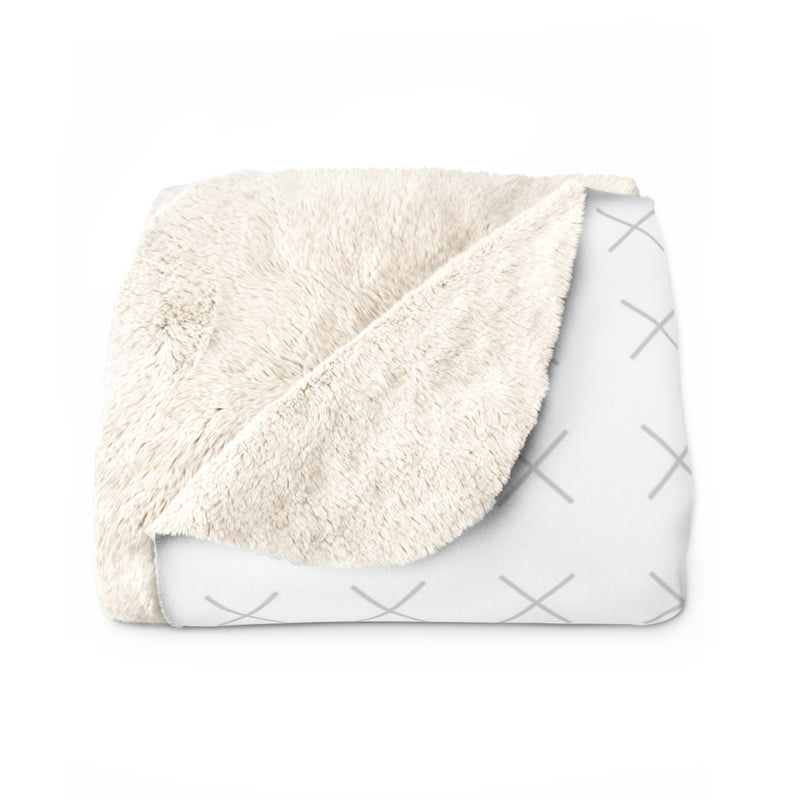 Customizable sherpa fleece blanket with "your image or design" placeholder folded up on a white background. 