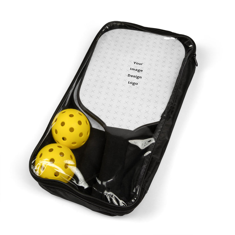 Customizable white pickleball paddle set with black handle packaged up on a white background.