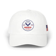 All white classic ball cap with a circular emblem featuring an eagle and text , along with the American flag on the side on a white background.