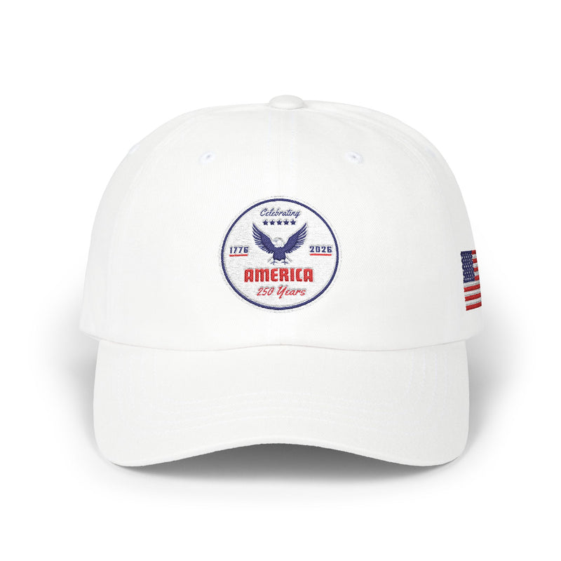 All white classic ball cap with a circular emblem featuring an eagle and text , along with the American flag on the side on a white background.