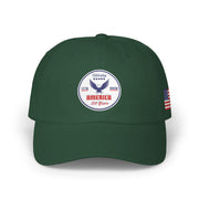 All green classic ball cap with a circular emblem featuring an eagle and text , along with the American flag on the side on a white background.
