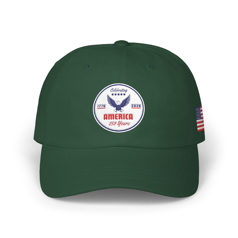 All green classic ball cap with a circular emblem featuring an eagle and text , along with the American flag on the side on a white background.