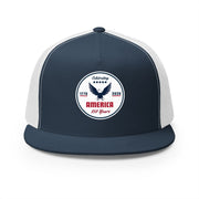 Navy and white flat bill trucker cap with a logo 'celebrating America 250 years' on a white background.