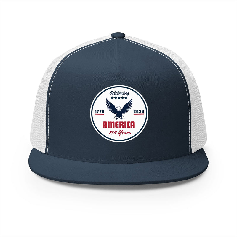 Navy and white flat bill trucker cap with a logo 'celebrating America 250 years' on a white background.
