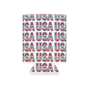 White can cooler with 'USA' text pattern in red and blue on a white background