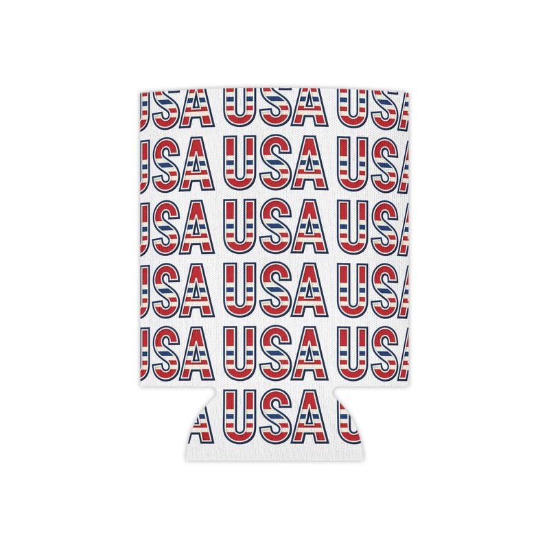 White can cooler with 'USA' text pattern in red and blue on a white background