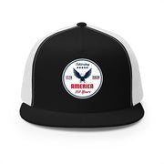 Black and white flat bill trucker cap with a logo 'celebrating America 250 years' on a white background.