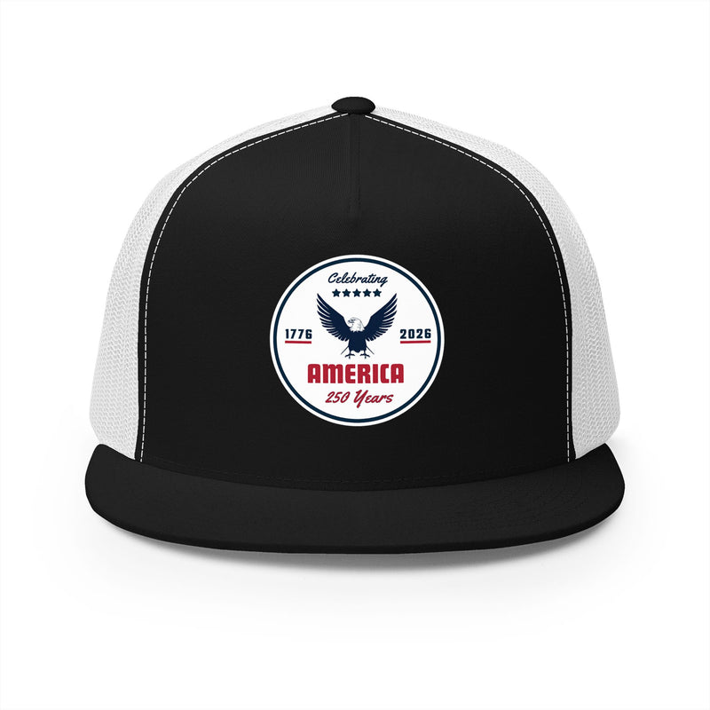 Black and white flat bill trucker cap with a logo 'celebrating America 250 years' on a white background.
