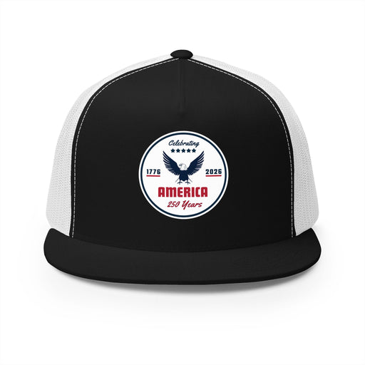 Black and white flat bill trucker cap with a logo 'celebrating America 250 years' on a white background.
