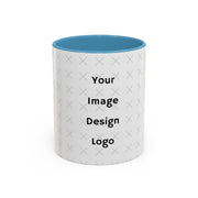 Customizable white mug with blue  interior and "your image or design" placeholder on a white background.