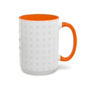 Side view of customizable white mug with orange interior and "your image or design" placeholder on a white background.