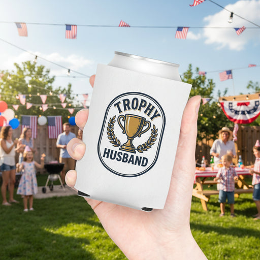 White can cooler in someone's hand with 'Trophy Husband' design displayed in front of a party. 