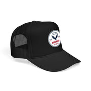 All black trucker hat with 'Celebrating America for 250 Years' design displayed sideways on a white background.