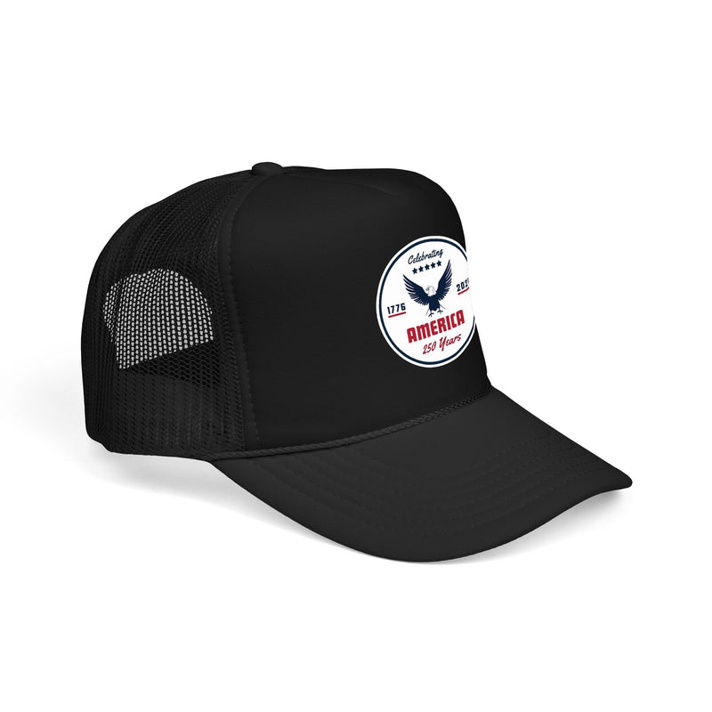 All black trucker hat with 'Celebrating America for 250 Years' design displayed sideways on a white background.