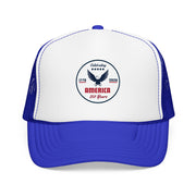 White and blue trucker hat with 'Celebrating America for 250 Years' design on a white background.
