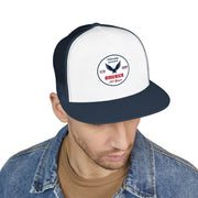 Man wearing a white and navy blue flat bill trucker cap with a logo 'celebrating America 250 years' on a white background.