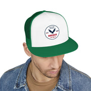 Man wearing a green flat bill trucker cap with a logo 'celebrating America 250 years' on a white background.