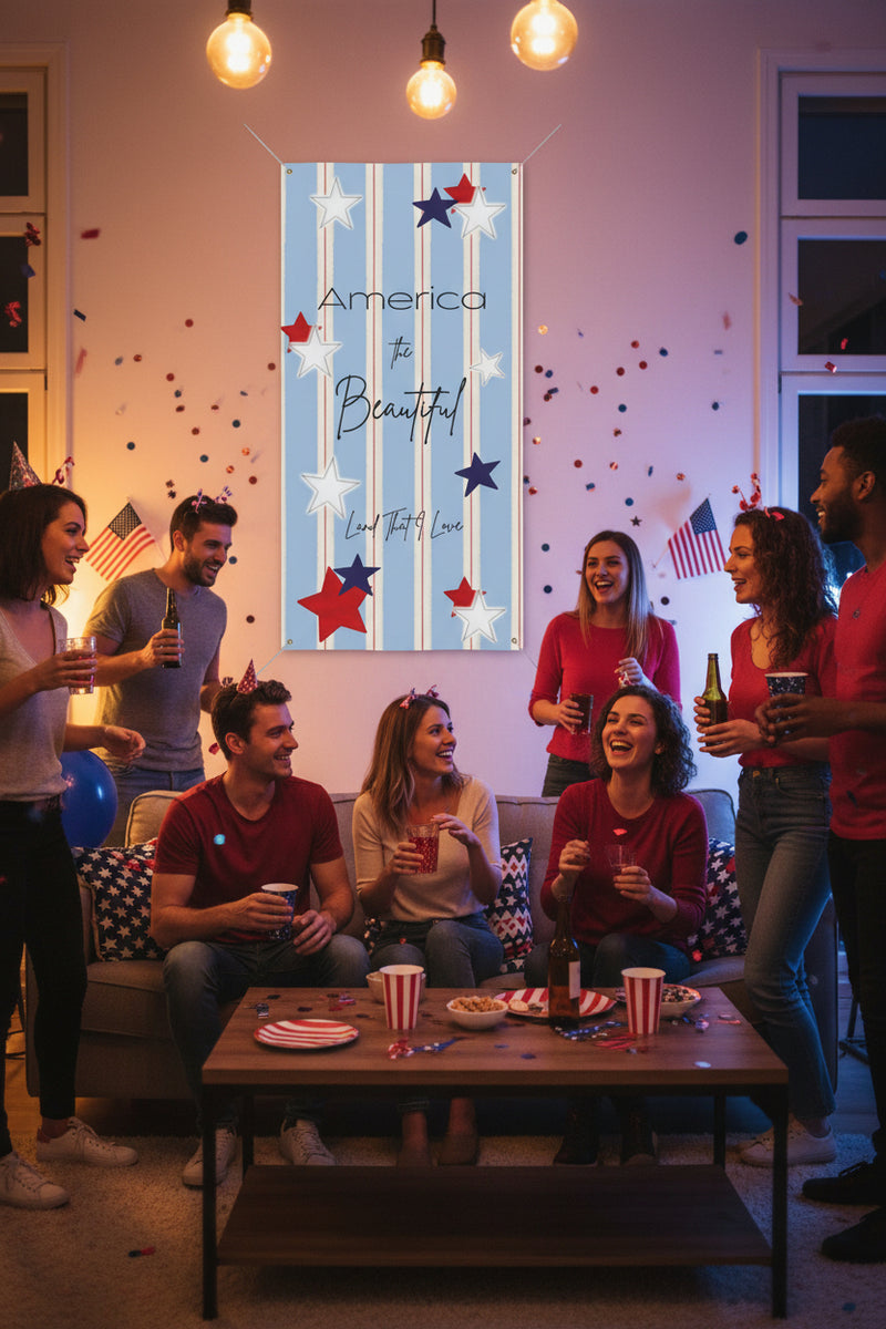 Vertical patriotic matte banner 24x48 and 36x72 inches with strips and red white and blue stars on a indoor wall at a perty.