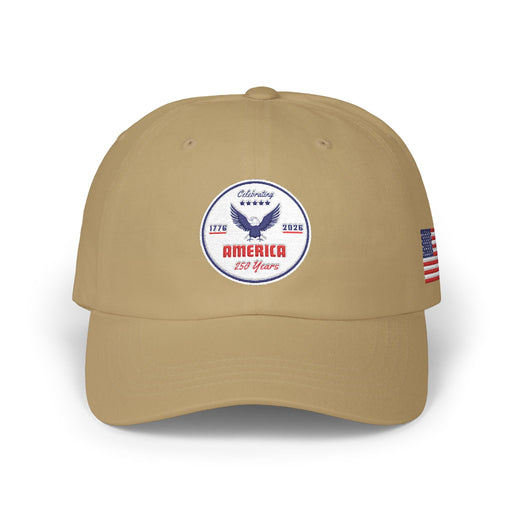 All khaki classic ball cap with a circular emblem featuring an eagle and text , along with the American flag on the side on a white background.