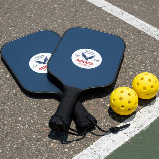 Set of two navy blue pickleball paddle with a white logo that says 'Celebrating America 250 years' displayed on a pickle ball court. 