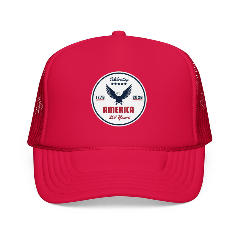 Red trucker hat with 'Celebrating America for 250 Years' design on a white background.