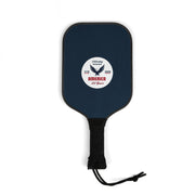 Navy blue pickleball paddle with a white logo that says 'Celebrating America 250 years' on a white background. 