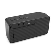 Back of a customizable black Bluetooth speaker on a white background.
