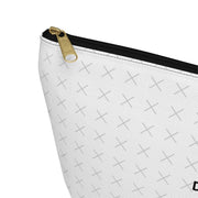 Customizable white pouch with "your image or design" placeholder pattern with black zipper on a white background.