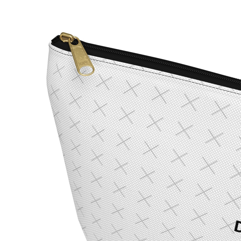 Customizable white pouch with "your image or design" placeholder pattern with black zipper on a white background.